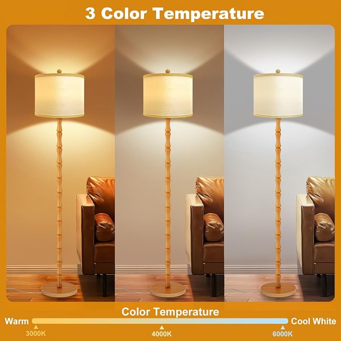 Vinaco Wood Floor Lamp, 3 Color Temperatures Dimmable Rotary Switch