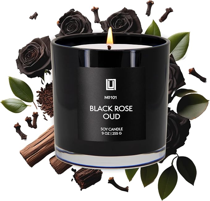 Lulu Candles Black Rose & Oud Scented Soy Jar Candle, 9 Oz. | Smells Floral and Smokey, Luxury, Hand Poured in The USA, Highly Scented Long Lasting