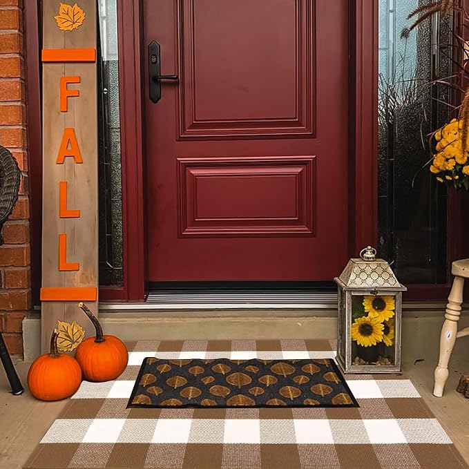 Buffalo Plaid Outdoor Rugs, 2'4" x 3'7" Brown and White Checkered Indoor/Outdoor Area Rug, Layering Rug for Hello/Welcome Door Mat, Washable Cotton Woven Farmhouse Mat for Fall Front Porch Décor