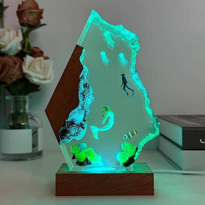 Handmade Mermaid Resin Ocean Lamp with Wood Base