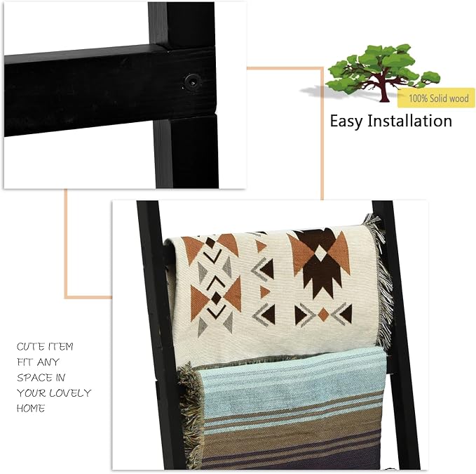FUIN Blanket Ladder, 24in Wide Rustic Solid Wood Decor Rack, Black | 6.4 ft high and 6 rungs, farmhouse quilt display holder, organize towel and scarf, leaning wall, bathroom and living room use