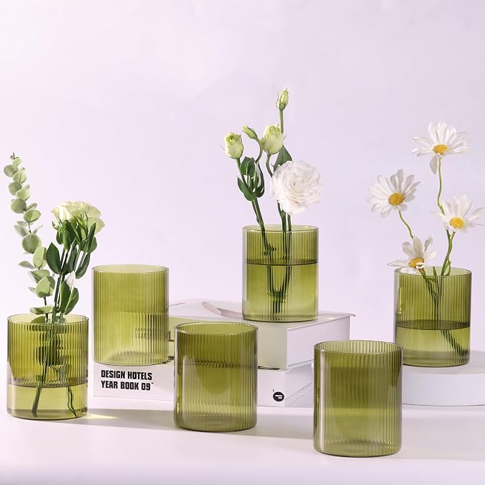 6 Green Ribbed Cylinder Glass Vases for Wedding Centerpieces & Table Decor | Green Ribbed Borosilicate Glass Vases Bulk, Hurricane Candle Holders for Wedding Centerpieces & Home Decor