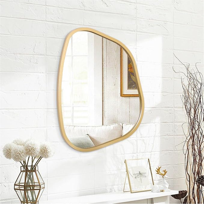 Gold Asymmetrical Mirror Large 20"x16" Irregular Oval Wall Mirror Modern Wood Frame Unique Shape Wall Mounted Vanity Artistic Mirror Decorative for Living Room Bedroom Bathroom Entryway