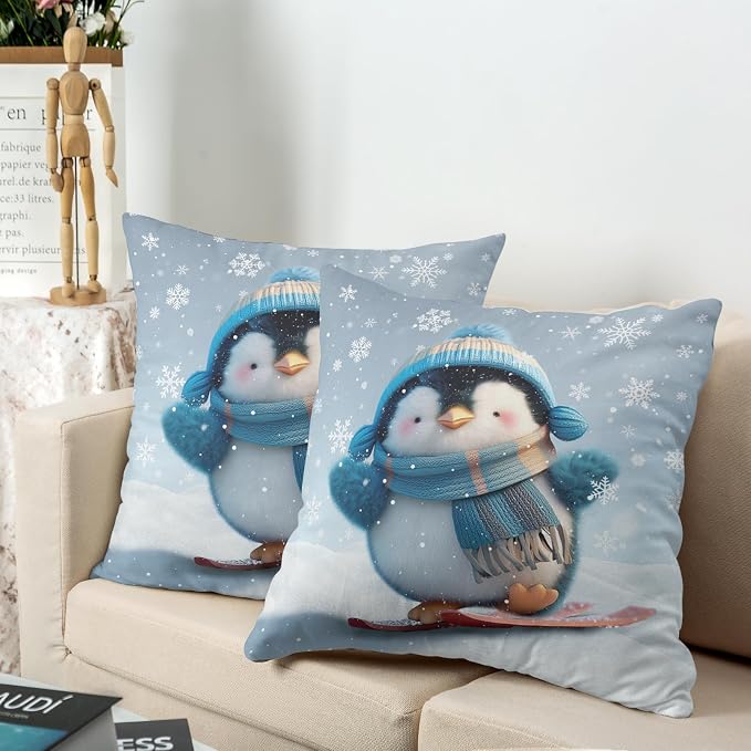 Winter Pillow Covers 24x24 Set of 2 Adorable Skiing Penguins Throw Pillow Covers Snowflakes Pillow Case Double Sided Printing Cushion Case for Home Decor Couch Sofa