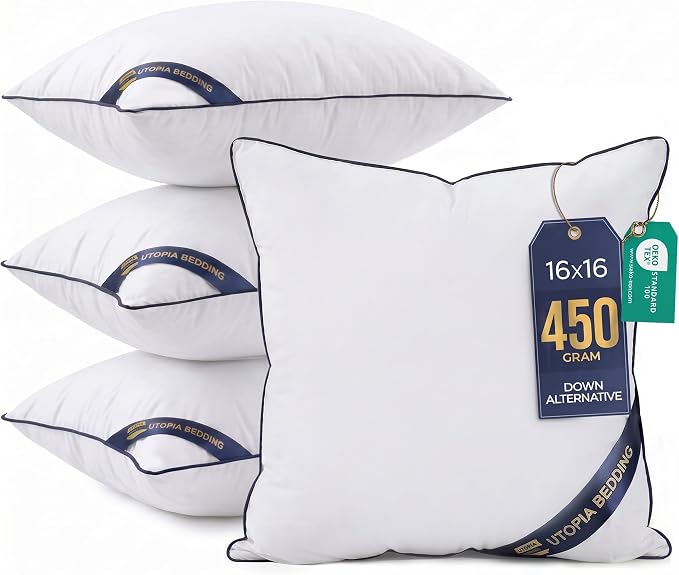 Utopia Bedding 16x16 Throw Pillow Inserts, Decorative Pillows, Pack of 4 | Piping Throw Pillows, Plush & Supportive, Aesthetic Cushion Sham Stuffer for Sofa, Office, Couch & Bed, Set of 4, White