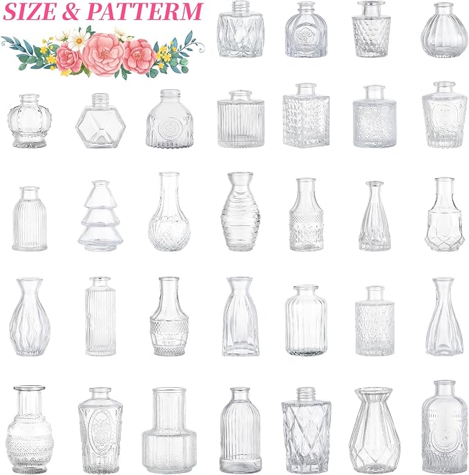 32 Pcs Clear Glass Bud Vases in Bulk, Small Vintage Bud Vase Set for Flowers, Mini Glass Vases for Wedding Centerpieces, Baby Shower, Table Decorations, Event Decor, 3.1"-5.1"