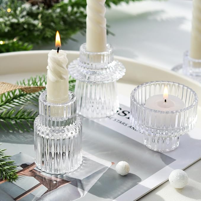 Clear Candlestick Holders 12PCS Ribbed Glass Taper Candle Holders for Tealight Stick Candles Table Centerpieces Thanksgiving Christmas Indoor and Outdoor Decorations