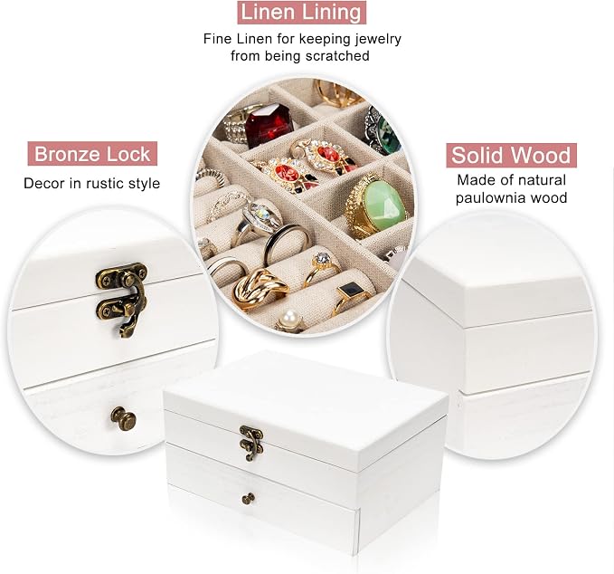 Pinzoveco Jewelry Box for Women, Rustic Wooden Jewelry Organizer Box for Storage Earrings Rings Necklace Bracelet, Farmhouse Style Wood Jewelry Boxes & Organizers (White)