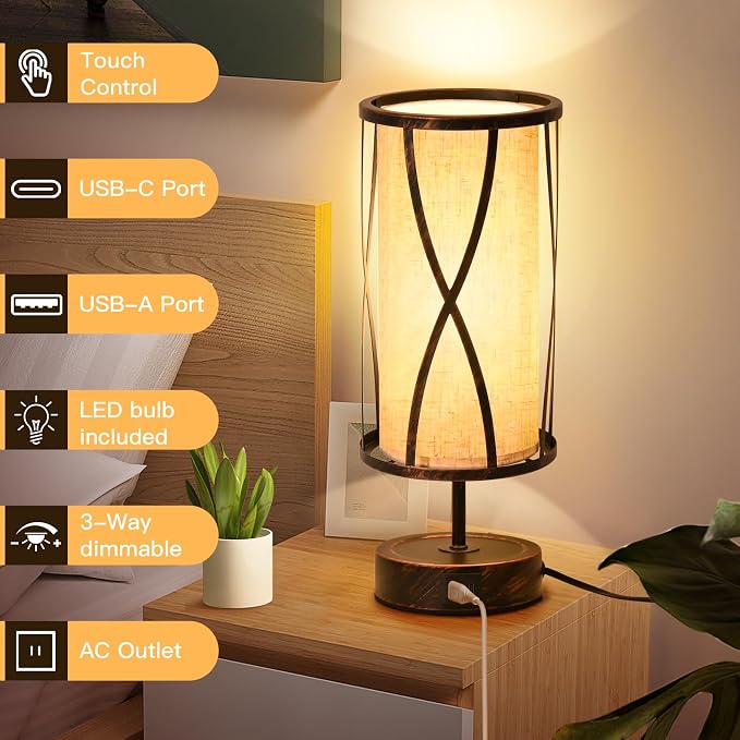 Distressed Table Lamps for Living Room, 3 Way Dimmable Touch Lamps, Small Bedside Lamps with LED Bulbs, USB Ports C+A, Nightstand Lamp for Kids Room, Bedroom, Office (2 Pack Iron)