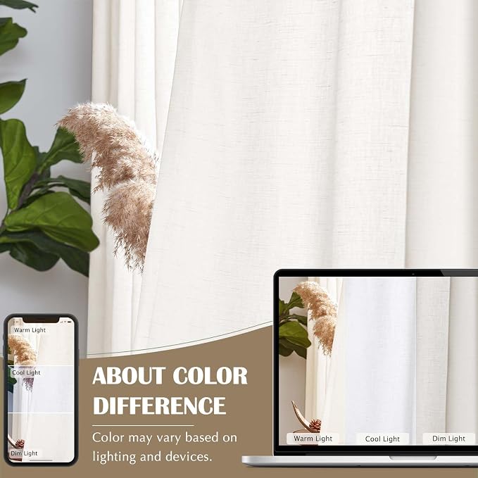 jinchan Lined Linen Curtains Extra Wide Back Tab 100x96 Inch 1 Panel White | Light Filtering Curtains with White Privacy Liner, Cottage Core Farmhouse Curtains for Living Room, Rod Pocket 96 Inch Length