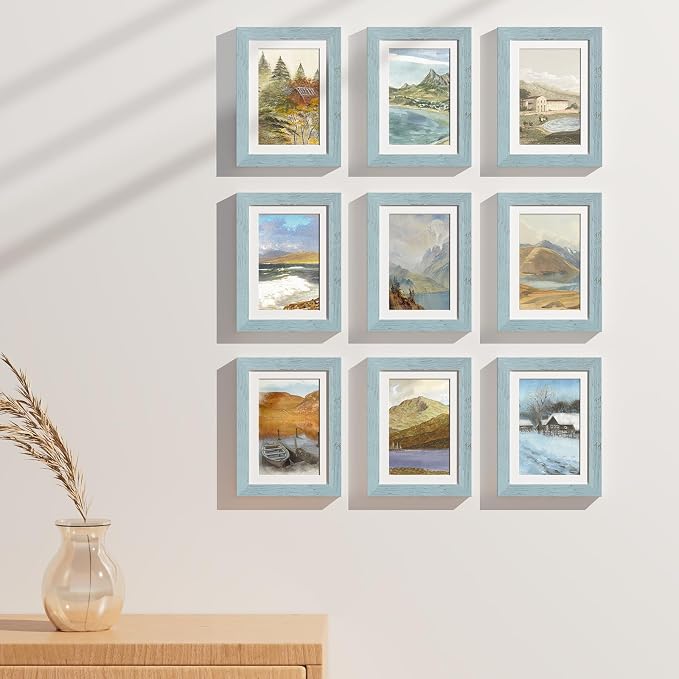 Vittanly 5x7 Picture Frames Set of 9, Wall & Tabletop, Rustic Blue | Display Pictures 4x6 with Mat or 5x7 without Mat, Small Photo Frames, Engineered Wood with Shatter Resistant Plexiglass