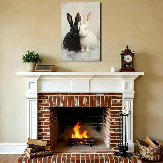 Black and White Easter Bunny Framed Canvas Art, Minimal Spring Easter Prints Pictures Wall Decor for Office, Rabbit Wall Art & Workspace Holiday Home Wall Decoration, 24x36 In