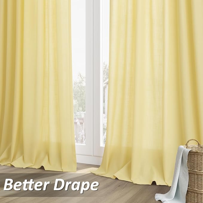 Yellow Linen Curtains 108 Inch Length for Living Room Bedroom 2 Panels Set Rod Pocket Light Filtering Semi Sheer Window Curtains 52 Inch Width Boho Farmhouse Linen Drapes, W52xL108