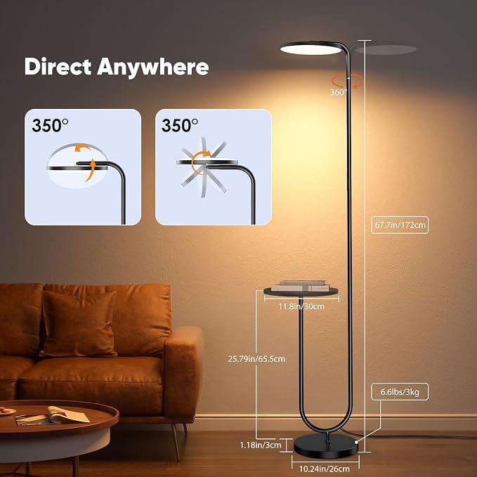 SIBRILLE 36W LED Floor Lamp with Table, Super Bright Standing Lamp, Modern Stepless Dimmable Torchiere Tall Lamp with Remote Control, 350°Rotating Head Floor Lamp for Living Room, Bedroom, Office