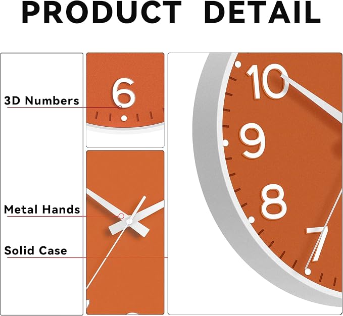 Roymnie 8 Inch Wall Clock, Battery Operated Silent Non Ticking Analog | Orange modern analog; large 3D easy-read dial for kitchen, office, bathroom & bedroom; 1 AA battery (not included)