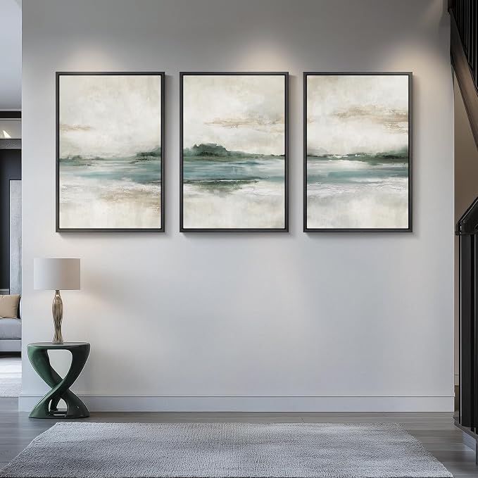 Large Framed Abstract Nature Landscape Wall Art for Living Room, 24x36 In | Green lake pictures, Set of 3 paintings, Canvas prints, Wood frame, Modern artwork, Wall decor for bedroom dining room office