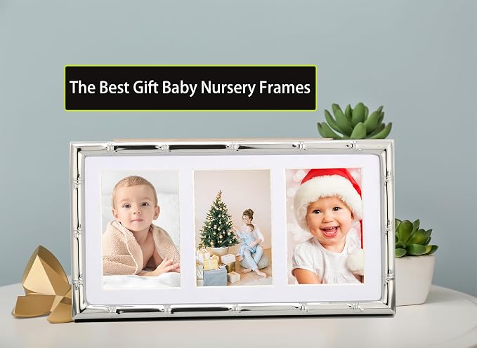 YiPinYin 3-2x3'' Silver Multi Metal Picture Frames 3 setion frame 2pack, Bamboo Detail Silver Plated Nurse Photo Frames 3-2x3'' Baby frames With Soft Velvet Backing for Desktop and Wall Décor