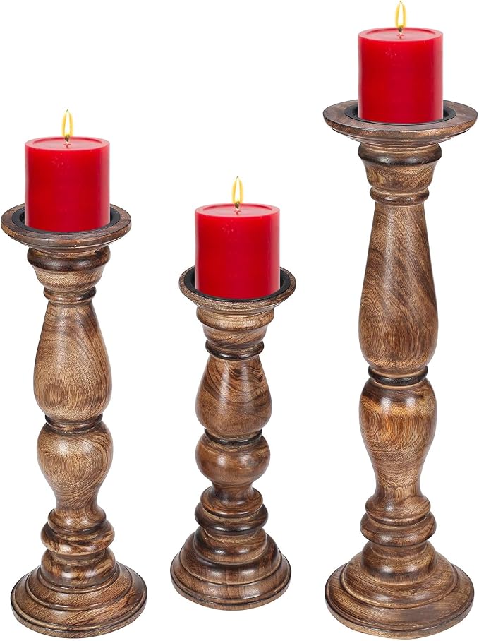 Rustic Candle Holder Set of 3 – 10", 8", 6" – Burnt Finish Wooden Pillar Stands for Wedding, Party, Home Décor, Spa – Country Style Gift for Table Centerpiece