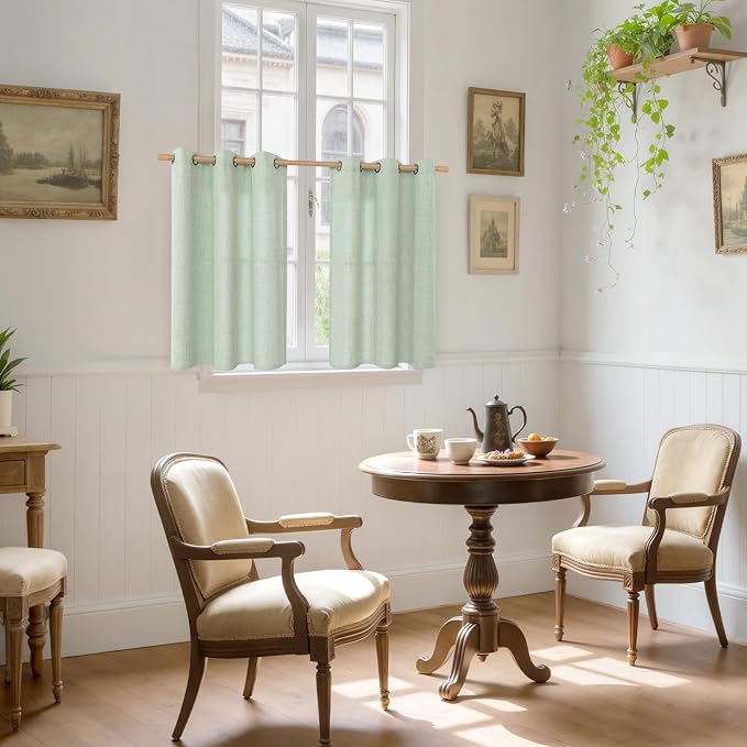 YoungsTex Sage Green Kitchen Window Curtains, Short Linen Drapes with Bronze Grommet Light Filtering Semi Sheer for Bathroom Windows, 42 x 40 Inch, 2 Panels