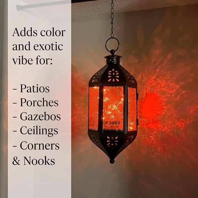 Vela Lanterns Hanging Moroccan Lantern with LED Twinkle Fairy Lights - Exotic Decorative Patio & Porch Decor, Indoor Outdoor Candle Lamp Holder with Chain (13" Large, Amber Glass)