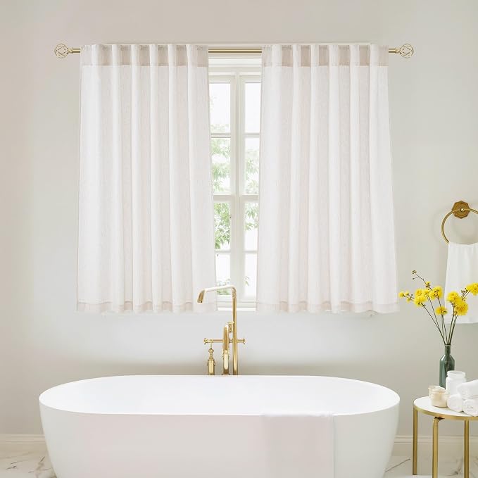 NICETOWN Linen Cream Curtains for Bathroom 45 inches Long, Rod Pocket & Back Tab Semi Sheer Window Treatments Privacy Added with Light Filtering Drapes for Bedroom, W55 x L45, 2 Panels