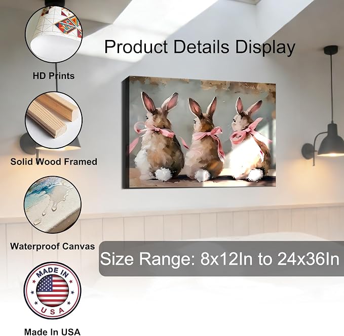 Easter Framed Rabbit Wall Art 12x18 In, Rustic Bunny Pictures for Living Room, Kids Room, Sweet Spring Rabbit Painting Canvas Prints for Easter Bedroom Wall Decor