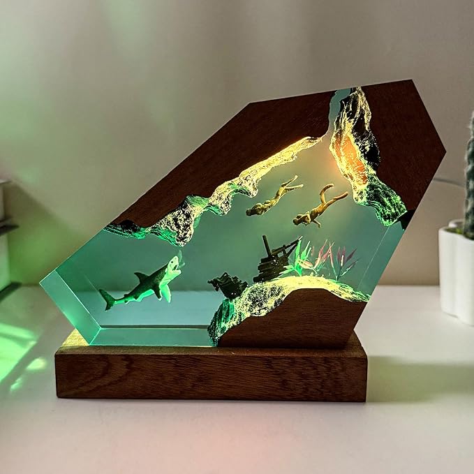 Handmade Shark Resin Lamp with Wooden Base
