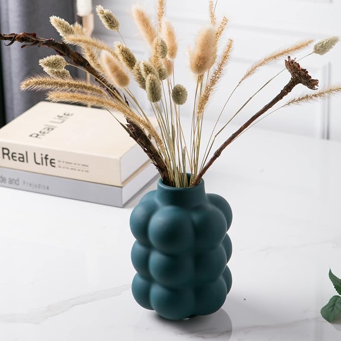 Mowtanco Blue Ceramic Vase, Modern Small Vase for Centerpiece 6.7" Tall | Boho tabletop decor accent vase for dried flowers, centerpiece for living room bedroom shelf, minimalist home decor gift