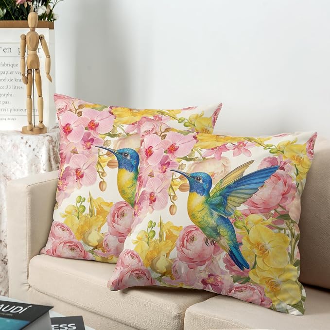 Spring Pillow Covers 22x22 Set of 2 Hummingbird Throw Pillow Covers Pink Yellow Moth Orchid Buttercup Floral Pillow Case for Home Decor Couch Sofa