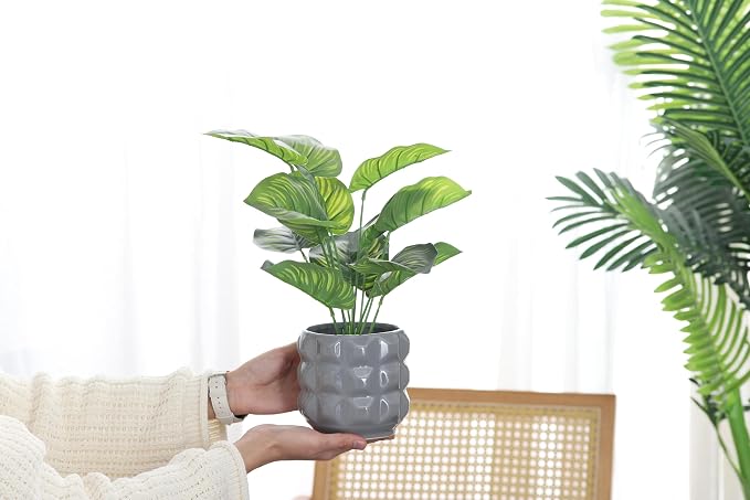 Ceramic Planter Pot with Drainage Hole, 4.5 Inch Dia, Indoor and Outdoor, Home Patio Garden, Plants Flower Succulent, 3D Patterned Round (Gray)