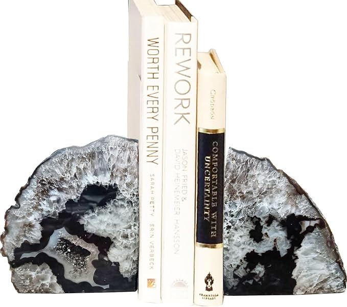 Agate Geode Stone Bookends Heavy Duty Crystal Book Holders Decorative | Large Polished Stone Book Stoppers Supports Home Office Decor with Rubber Bumpers Natural Black 1 Pair, 8-10 LBS