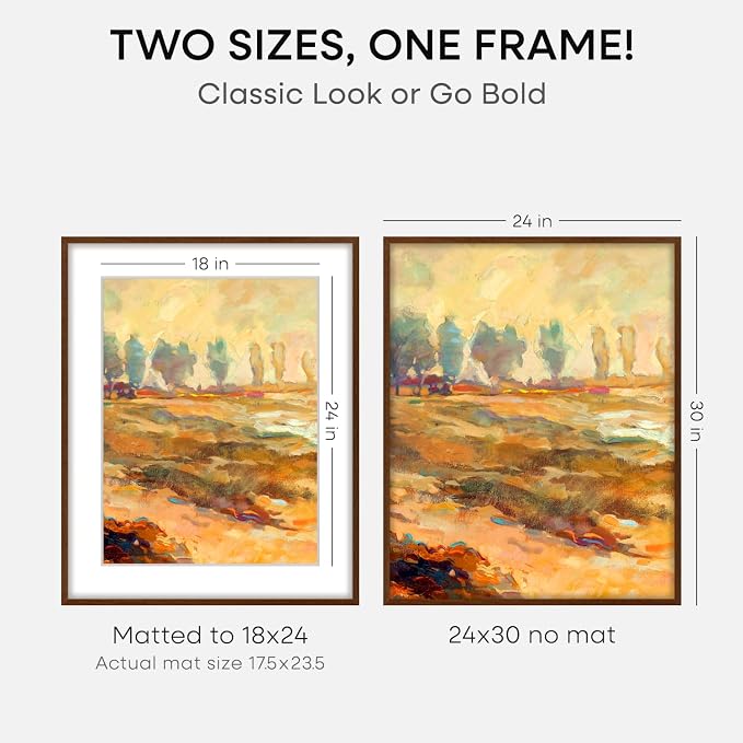 Homeforia 24x30 Brown Oak Picture Frame, High-End Wood, 18x24 Mat, Glass