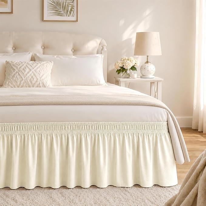 Butter Yellow Bed Skirt King Size 12" Drop, Elastic Wrap Around Bedskirt | Solid Ruffled, Easy to Use, No Mattress Lifting, Wrinkle & Fade Resistant, with Adhesive Strips, Machine Wash/Dry/Iron