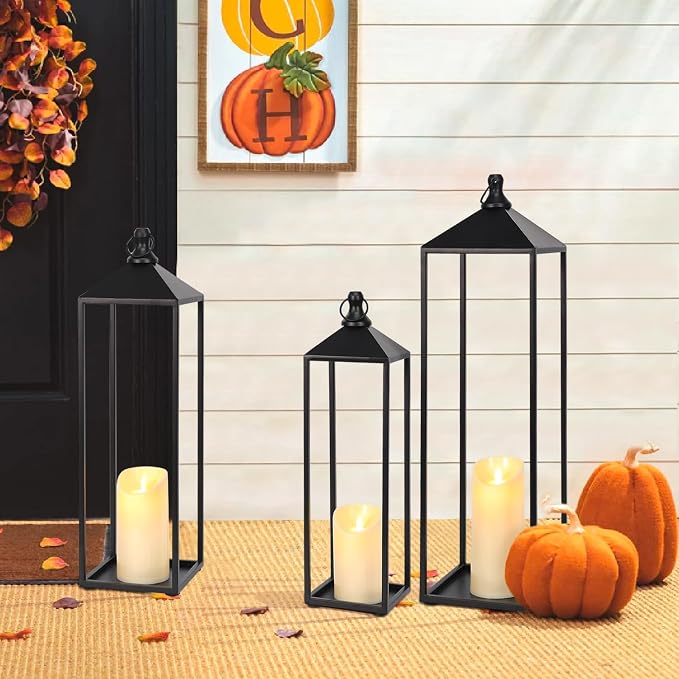 22'' 19'' 17'' Lanterns Decorative Outdoor Indoor, Set of 3 Floor Lanterns | Outdoor Lanterns with Candles, Glass-free Modern Farmhouse Lanterns for Room, Porch, Mantle, Patio, Garden