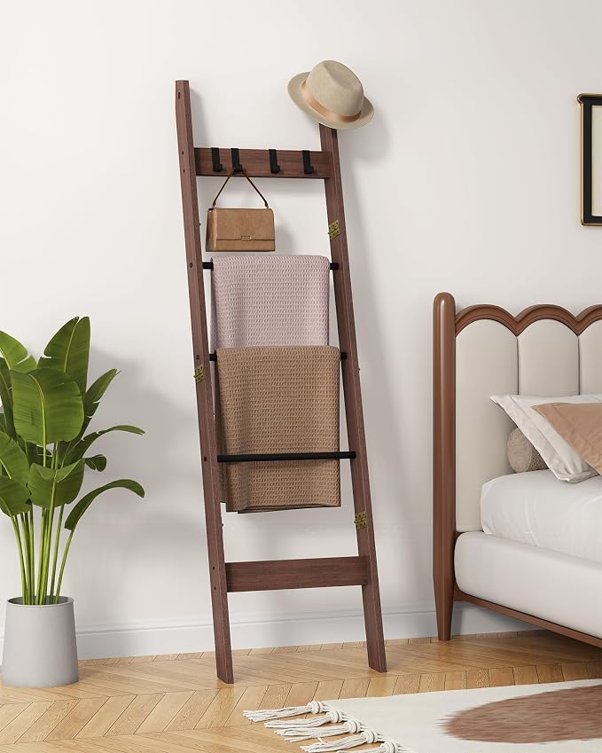 Hzuaneri Blanket Ladder Decorative Quilt Rack with 4 Removable Hooks | 5-Tier Farmhouse Ladder Holder Shelf Organizer for Living Room Bedroom, Black Tea Brown and Black BR02120B