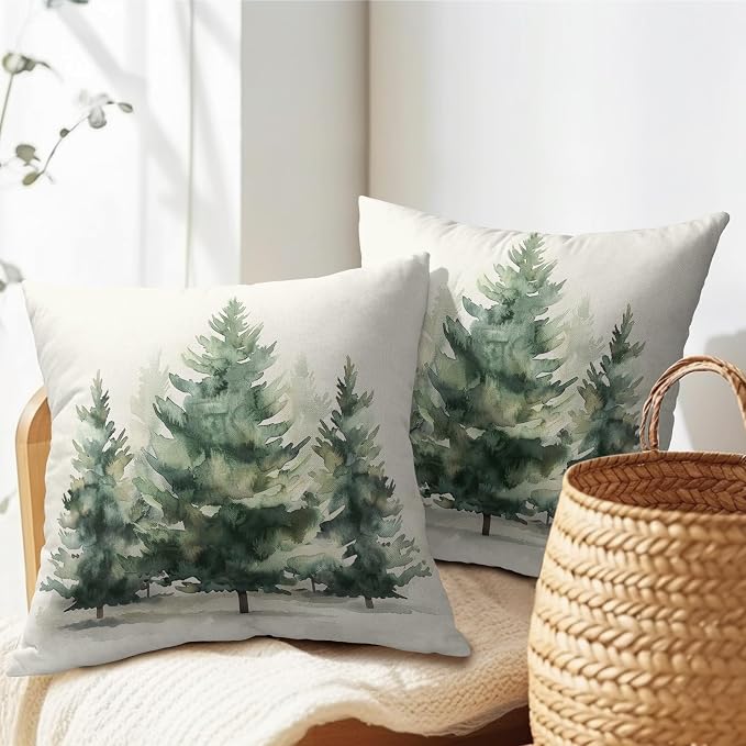 Watercolor Green Tree Throw Pillow Covers 16X16 Inch Set of 2 Green Christmas Tree Decorative Pillowcase Winter Nature Trees Holiday Cotton Linen Cushion Cover for Home Sofa Living Room Patio