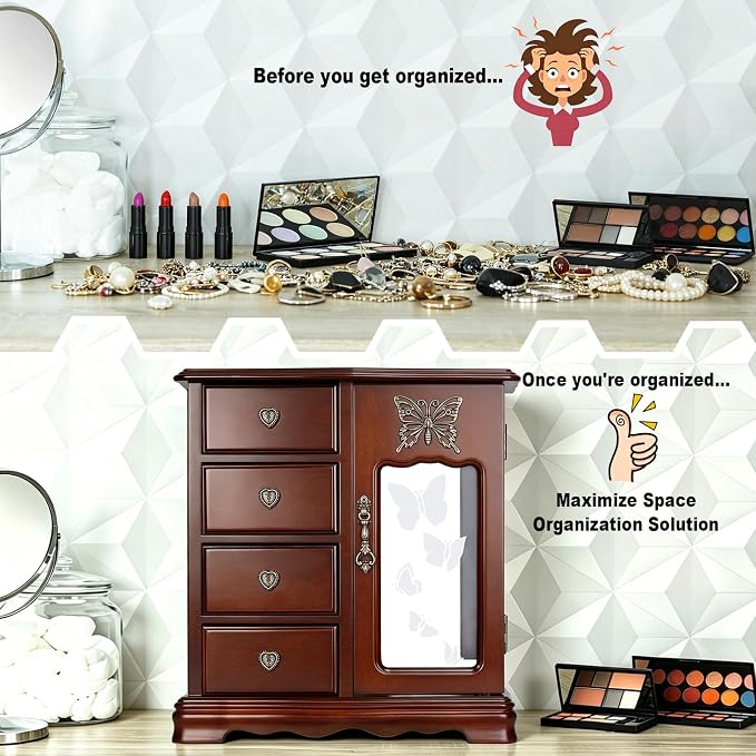 RR ROUND RICH DESIGN Solid Wood Jewelry Box for Women Brown | Vintage Butterfly Glass Door Jewelry Armoire with Mirror, 4 Drawers & Rotating Necklace Carousel