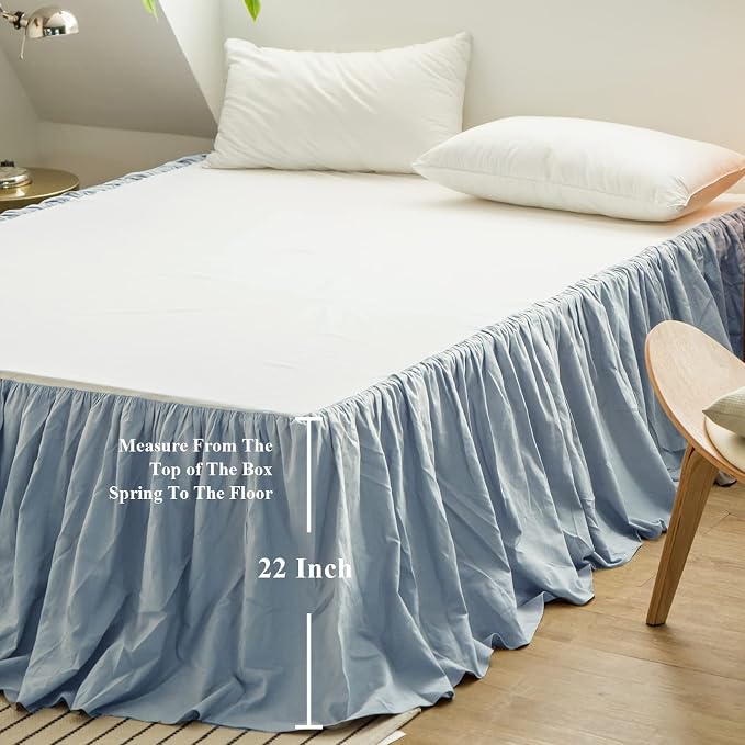 BISELINA French Linen Bed Skirt with Pleated Frills 22-Inch Tailored Drop Natural Flax Cotton Blend Dust Ruffle Soft Cozy Farmhouse Bedding (22" Queen, Dusty Blue)