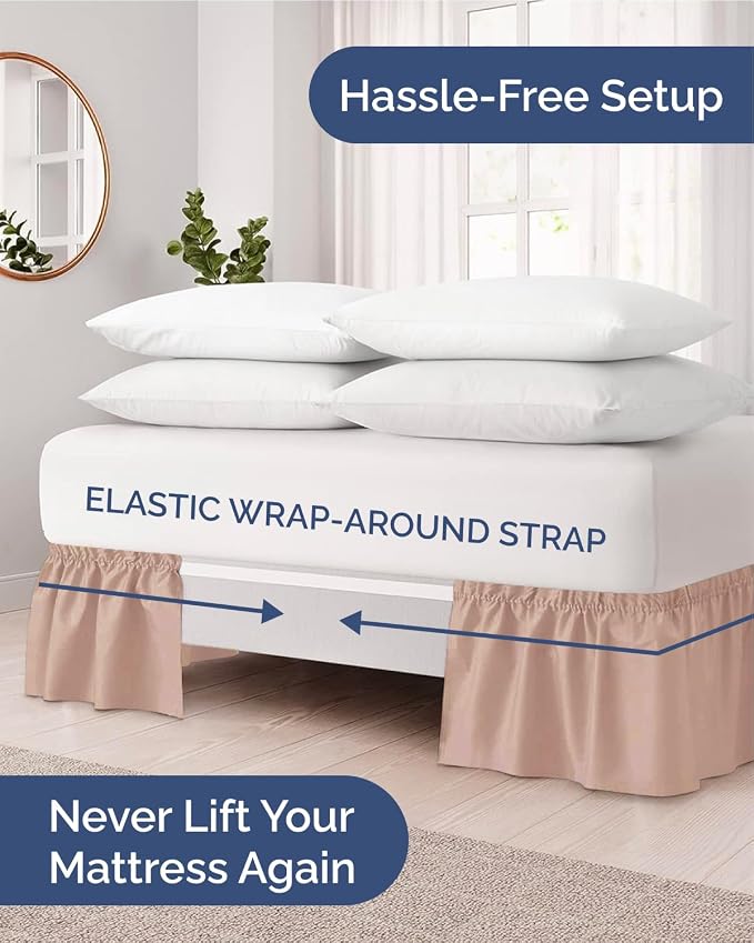 Wrap Around Dust Ruffle Bed Skirt - Mauve - for Full Size Beds w/ 21 Inch Drop - Easy Fit Elastic Strap - Adjustable Pleated Bedskirt w/Brushed Fabric - Wrinkle & Fade Free - Women, Men, Kids & Teens