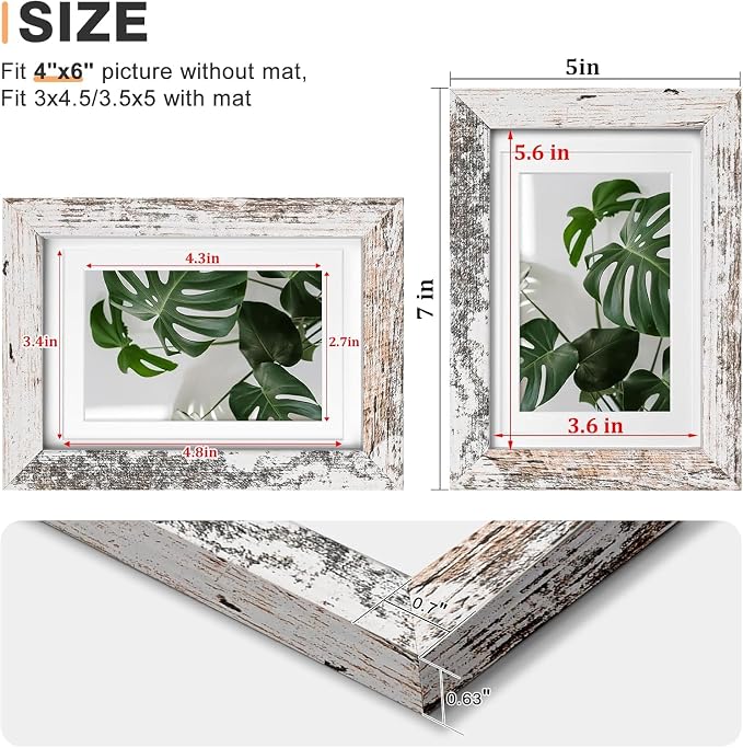 Egofine 4x6 Picture Frames Set of 4, Made of Solid Wood Covered by Plexiglass 3x4.5 and 3.5x5 with Mat or 4x6 without Mat, for Table Top Display and Wall Mounting Photo Frame Rustic White