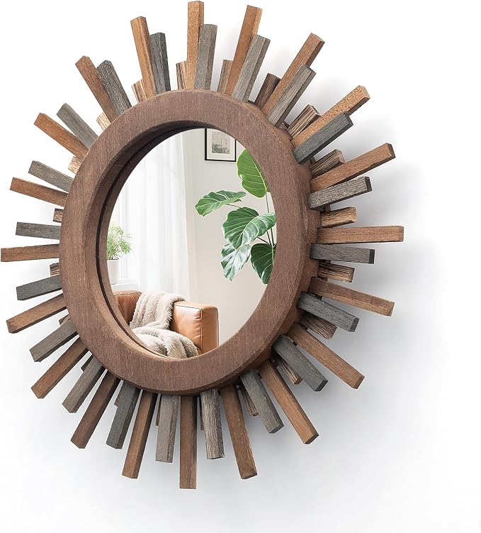 12 Inch Boho Sunburst Mirror, Decorative Rustic Farmhouse Wall Decor for Living Room, Bedroom, Bathroom, Hallway - Tricolor Wood Frame