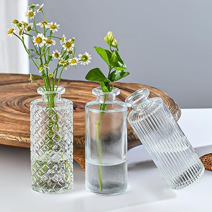 Glass Bud Vase Set in Bulk, 9pcs Mini Vintage Flower Vases for Wedding, Clear Relief Vase for Centerpieces,Home Table Flower Decor, Party Decorations | Small Vases for Wedding, Clear Relief Vase for Centerpieces,Home Table Flower Decor, Party Decorations