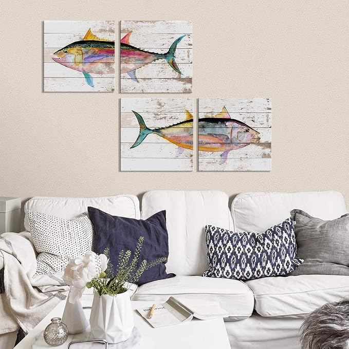 Sea Fish Wall Art Ocean Theme Canvas Prints Home Decorations Watercolor Marine Life Colorful Tuna Wall Decor Painting Picture Bathroom Modern Bedroom Living Room Artwork Posters 20x20 Inch 4 Pieces