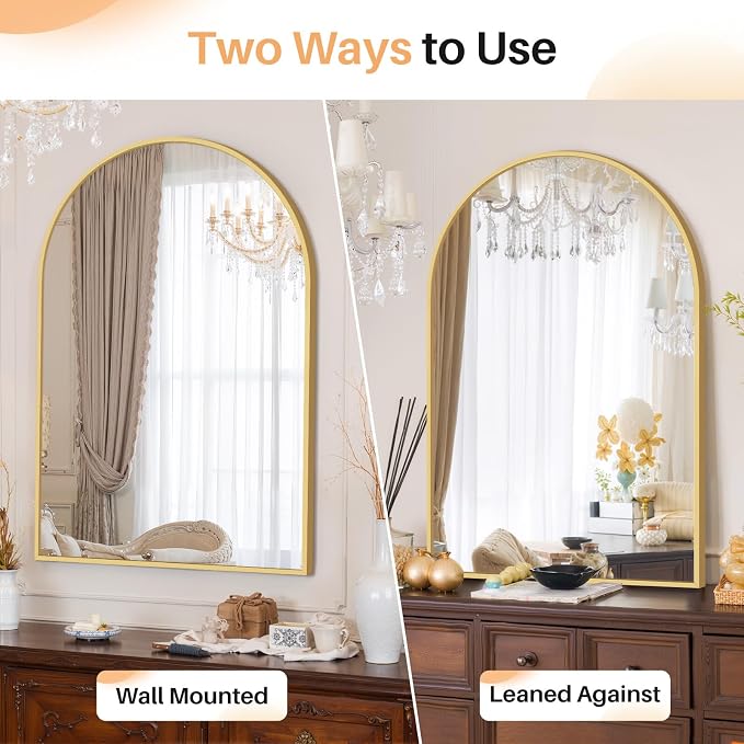 Bathroom Mirror for Wall, 38x26 Inch Arched Mirror, Matte Gold Metal Framed Bathroom Vanity Mirrors for Restroom Farmhouse, Anti-Rust, Tempered Glass, Hanging or Leaning