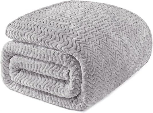 Exclusivo Mezcla Soft Fleece Blanket Twin Size for Bed, Sofa, Light Grey | 90"x66" Breathable Lightweight Flannel Blanket for Summer, Plush Cozy Jacquard Wave for Home Decor