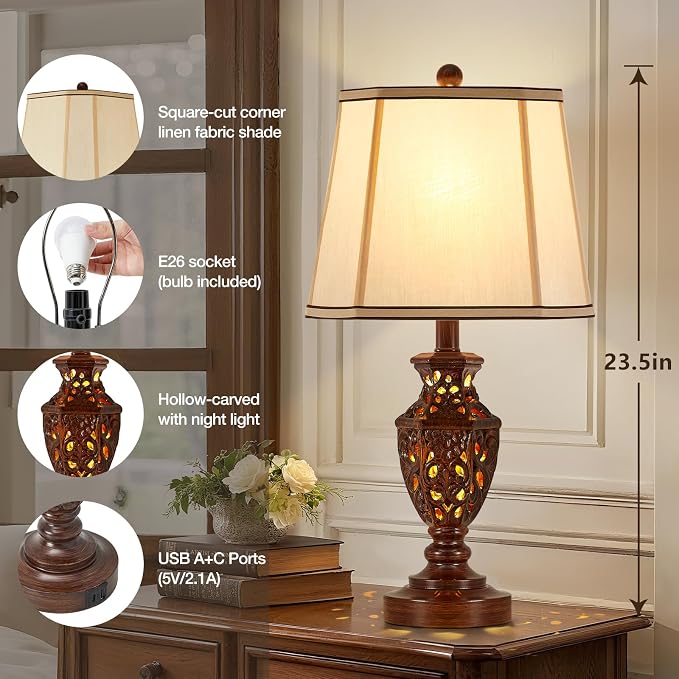 EJIAXIN Lamps for Night Stands Set of 2-23.5" Vintage Bedside Lamp with USB A+C and Nightlight - Brown Retro Carved Resin Farmhouse Desk Lamp for Bedrooms, End Tables, Living Room, Bulbs Included