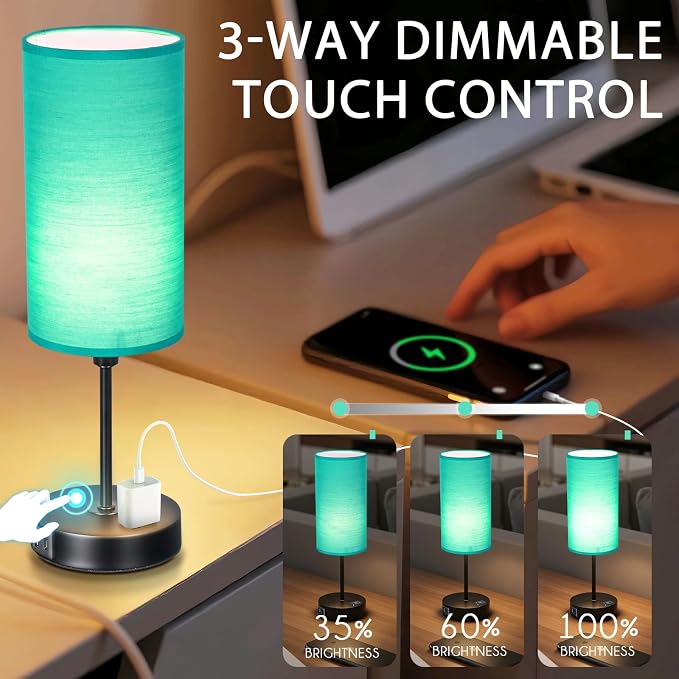 Table Lamp with USB Port - Teal Desk Lamp, Green Touch Lamp, Bedside Lamps, 3 Way Dimmable Small Lamps for Bedroom, Nightstand, Nursery, Dorm, Home, Office, Black Base+ Green Lampshade