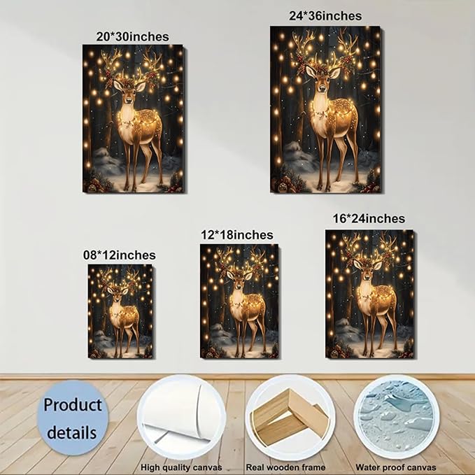 Christmas Reindeer Wall Art Framed 8x12, Cottage Winter Forest Wildlife Deer Picture Wall Decor, Rustic Xmas Cozy Winter Hanging Canvas Prints for Home Bedroom Living Room Decoration