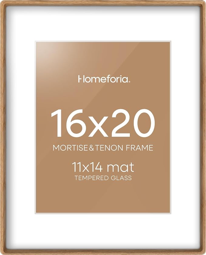 Homeforia 16x20 Mortise&Tenon Natural Oak Picture Frame, 11x14 Mat, Glass