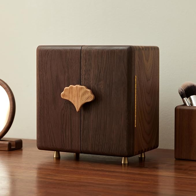 Black Walnut Wood Jewelry Box, Large | Women & Men, Velvet Lined, 5 Drawers, Hand Carved Ginkgo Leaf Handles, Double Door Wardrobe Design